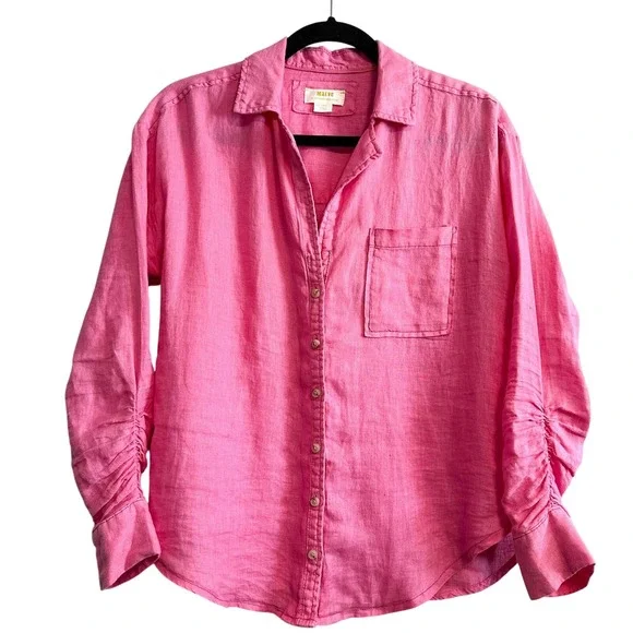 Anthropologie Maeve Linen Ruched Sleeve Button Down Shirt Pink XXS - Picture 5 of 11